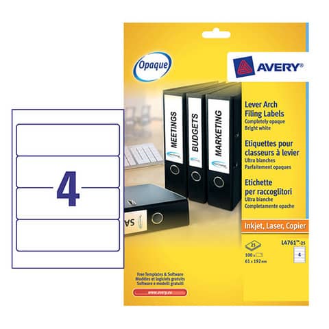 Etichette bianche per raccoglitori Avery Ultragrip™ 61x192 mm - 4 et/foglio - stampanti laser - Conf 25 fogli L4761-25